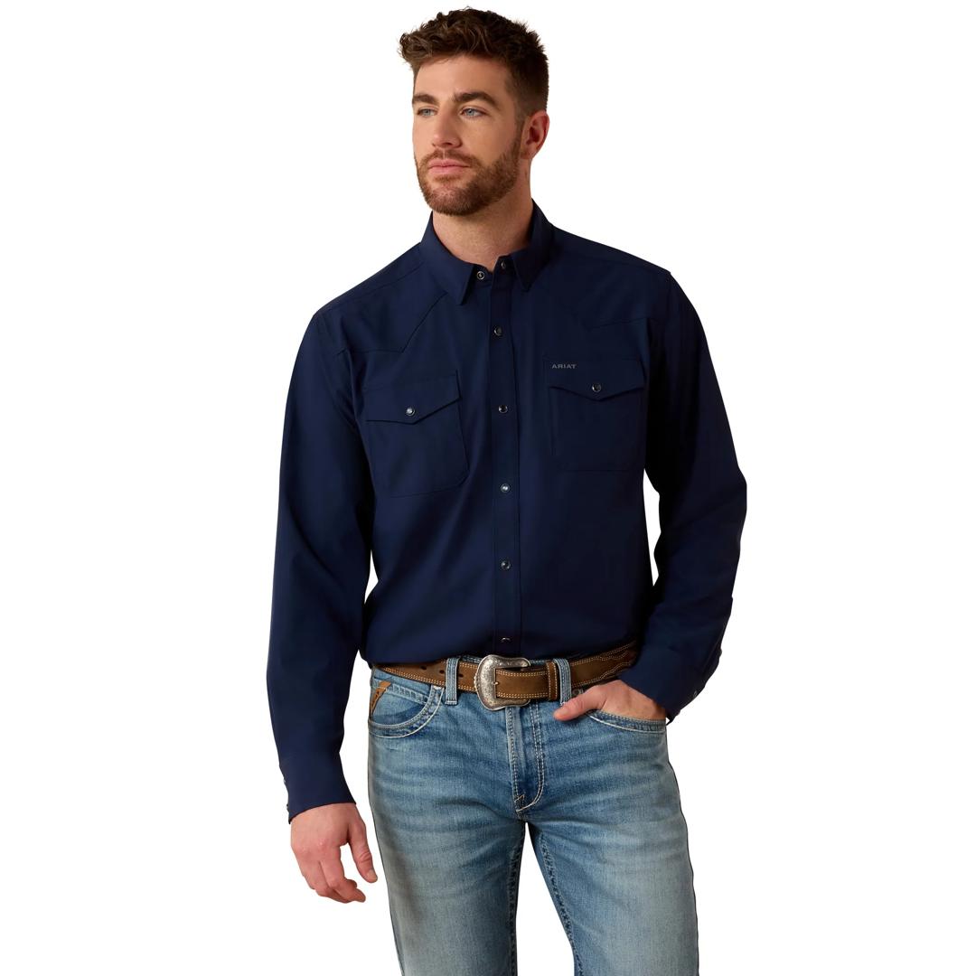 Ariat Men's FrontierTough VentTEK Navy Western Classic Fit Snap Shirt 10081908 front