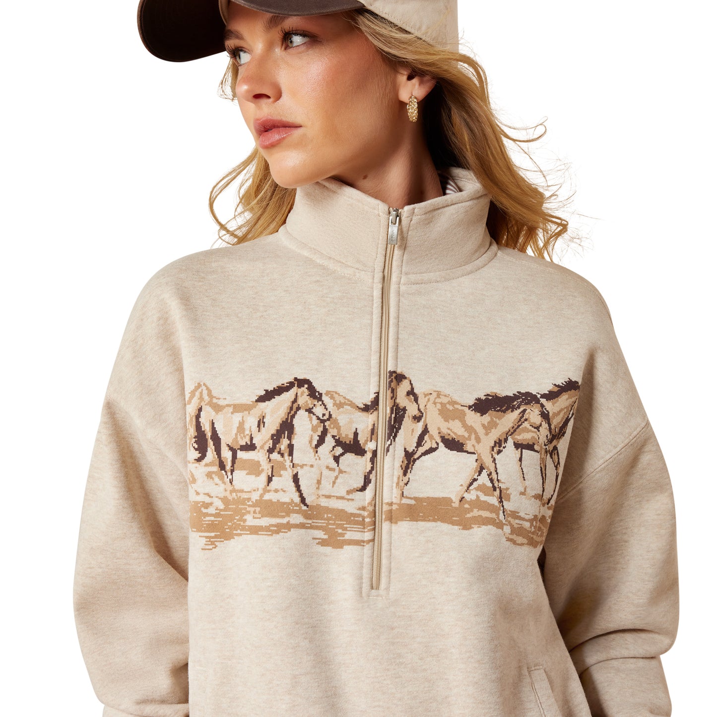 Ariat Ladies Running Wild Oatmeal Heather 1/2 Zip Sweatshirt 10079255