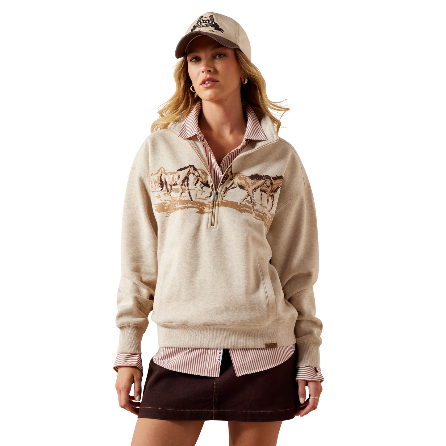 Ariat Ladies Running Wild Oatmeal Heather 1/2 Zip Sweatshirt 10079255