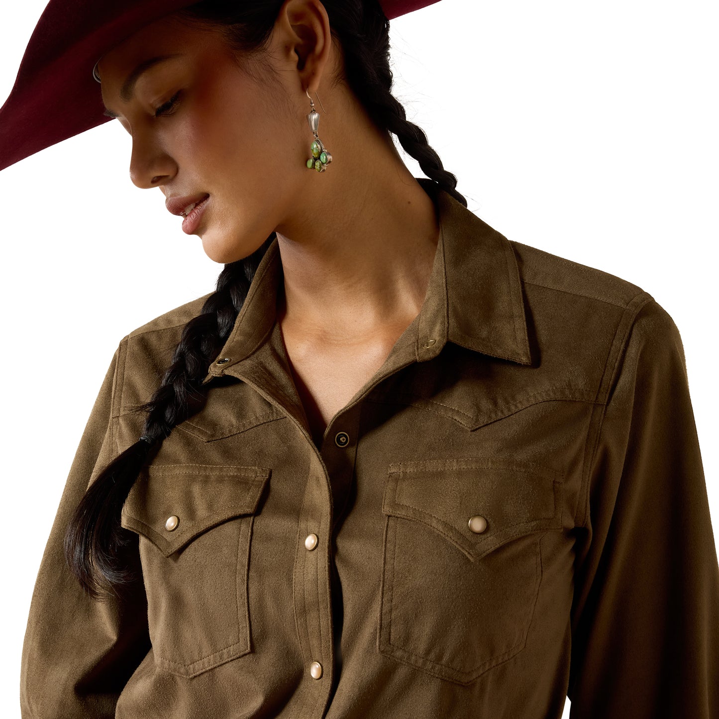 Ariat Ladies Autumn Drift Olive Suede Western Snap Shirt 10079318