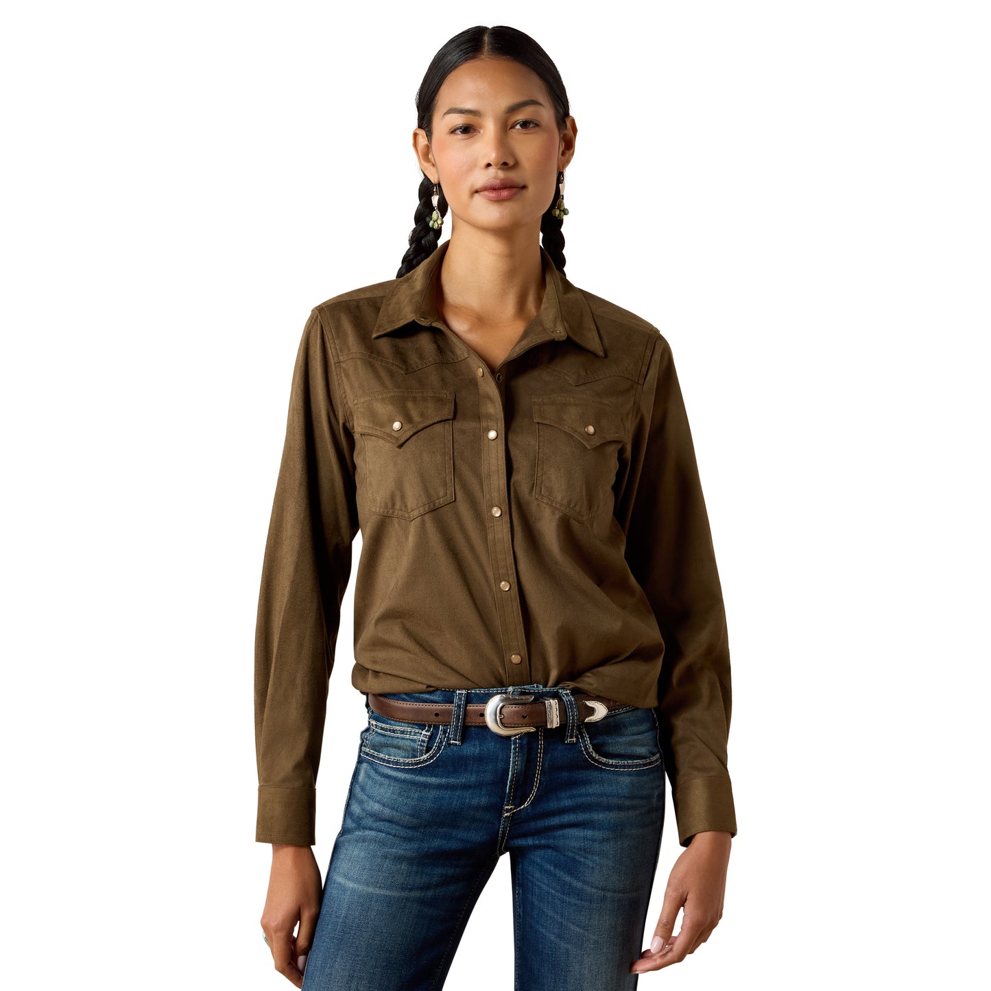 Ariat Ladies Autumn Drift Olive Suede Western Snap Shirt 10079318