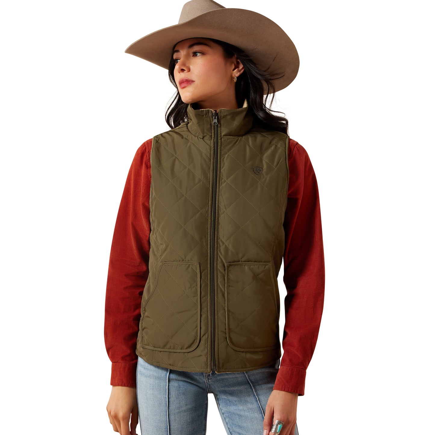Ariat Ladies Dilon 2.0 Ivy Green Wild Horse Print Reversible Insulated Vest 10079319