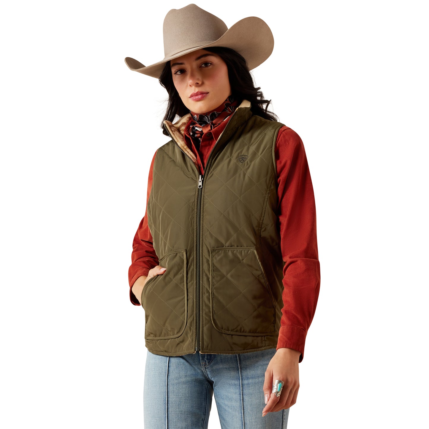 Ariat Ladies Dilon 2.0 Ivy Green Wild Horse Print Reversible Insulated Vest 10079319