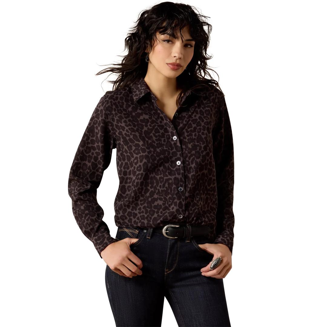 Ariat Ladies Grey Leopard Print Homestyle Button Down 10079603 front