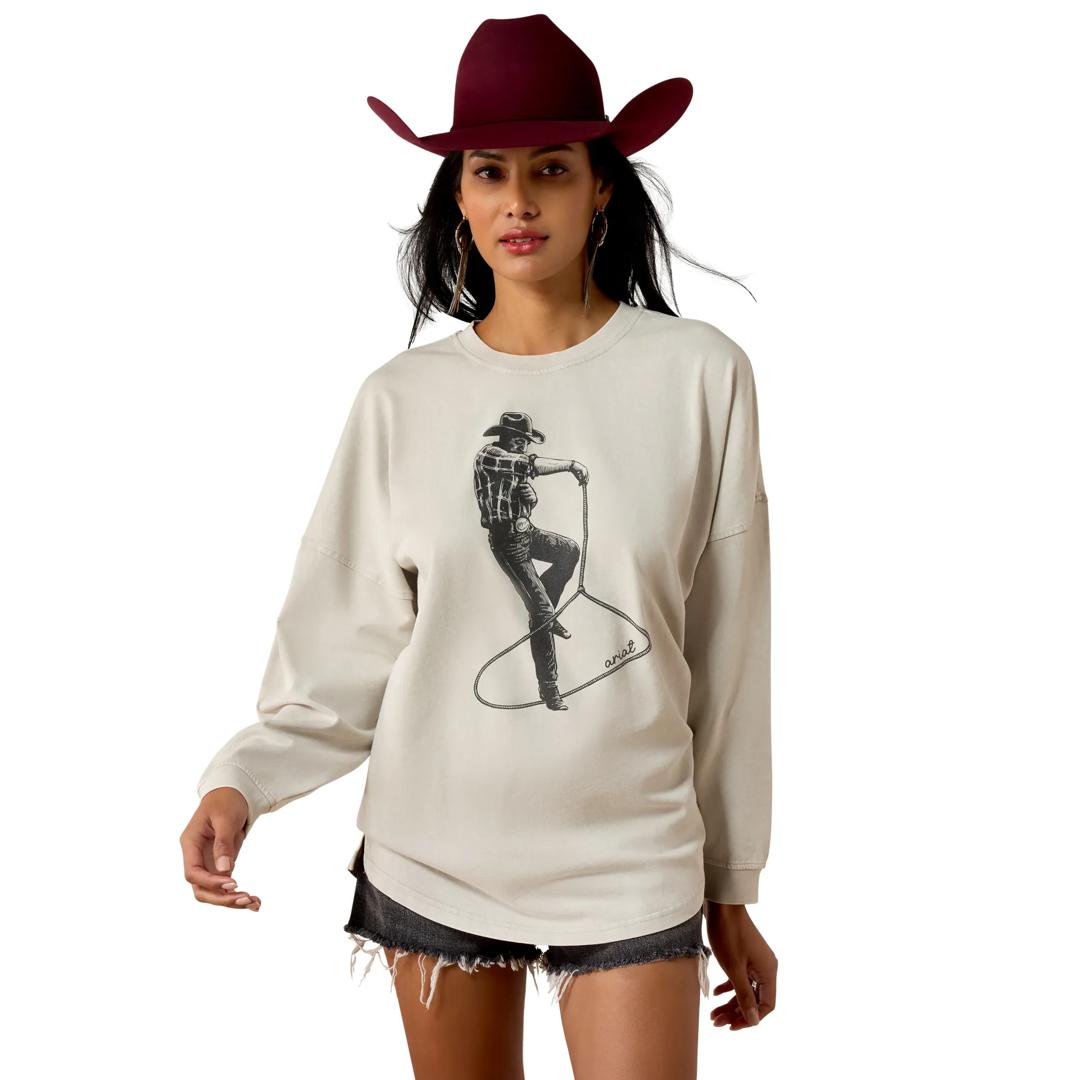 Ariat Ladies White Stonewash Canvas Oversized T-Shirt 10080620 front