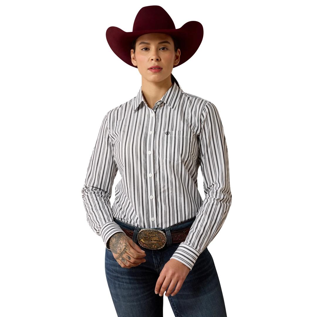Ariat Ladies Black & White Striped Kirby Stretch Shirt 10080659 front