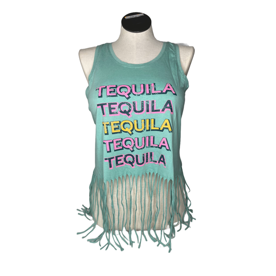 Rock & Roll Denim Ladies Tequila Fringe Turquoise Tank Top BW20T04023