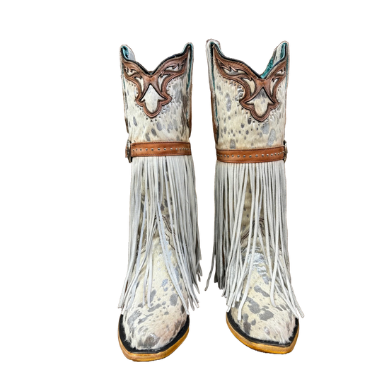 Corral Ladies White Fur Harness & Lamb Fringe Snip Toe Boots C4081