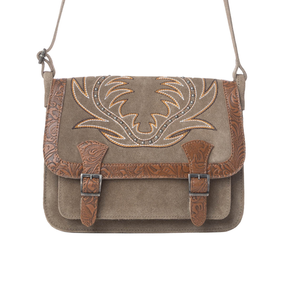 Myra Ladies Amberwood Olive Taupe Suede Leather Boot Embroidered Bag S-13377