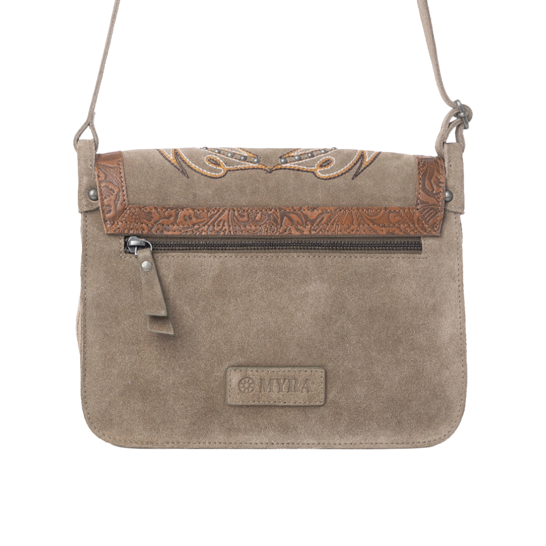 Myra Ladies Amberwood Olive Taupe Suede Leather Boot Embroidered Bag S-13377
