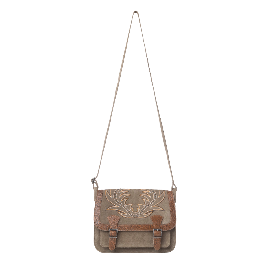 Myra Ladies Amberwood Olive Taupe Suede Leather Boot Embroidered Bag S-13377