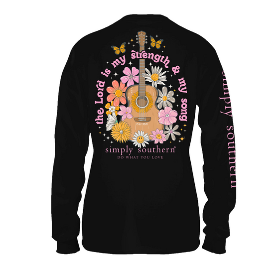 Simply Southern Ladies The Lord Is My Strength & My Song Black Shirt LS-SONG-BLACK