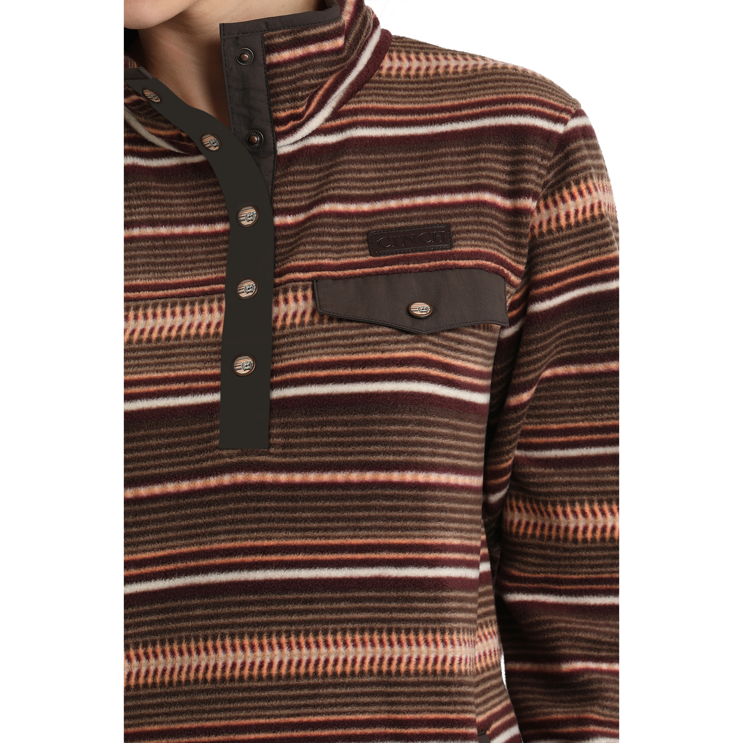 Cinch Ladies Striped Fleece Brown & Coral Pullover Sweater MAK9819009