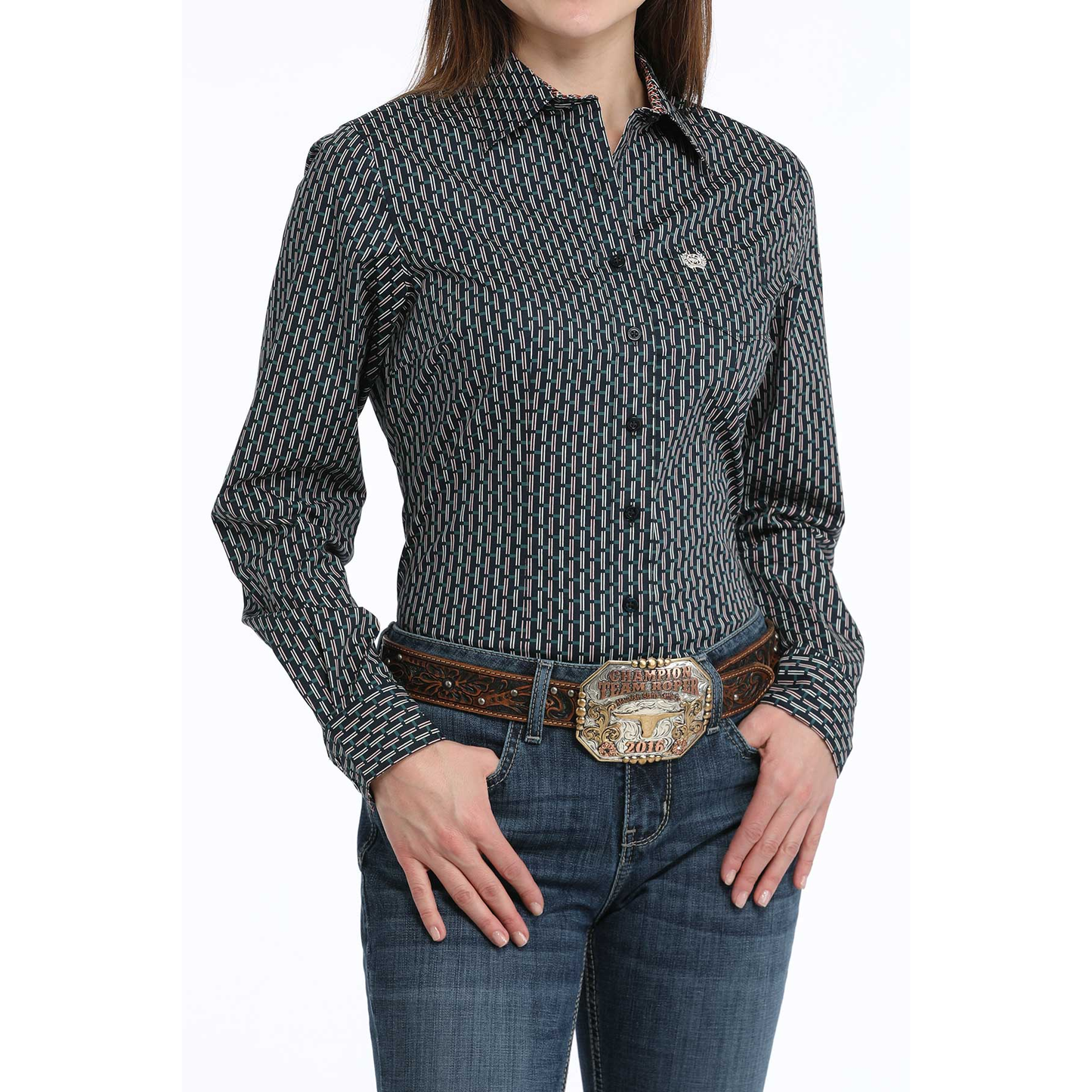 Cinch Ladies Navy Geometric Print Button Down Shirt MSW9164236