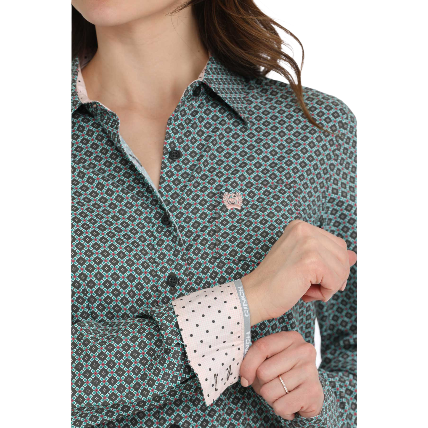 Cinch Ladies Geometric Grey & Teal Button Down Shirt MSW9164240