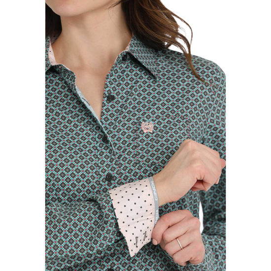 Cinch Ladies Geometric Grey & Teal Button Down Shirt MSW9164240