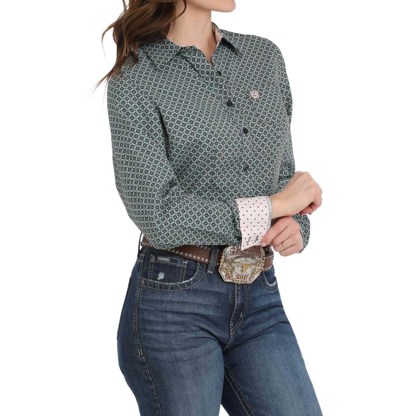 Cinch Ladies Geometric Grey & Teal Button Down Shirt MSW9164240
