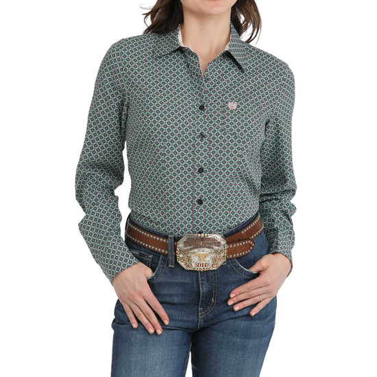 Cinch Ladies Geometric Grey & Teal Button Down Shirt MSW9164240