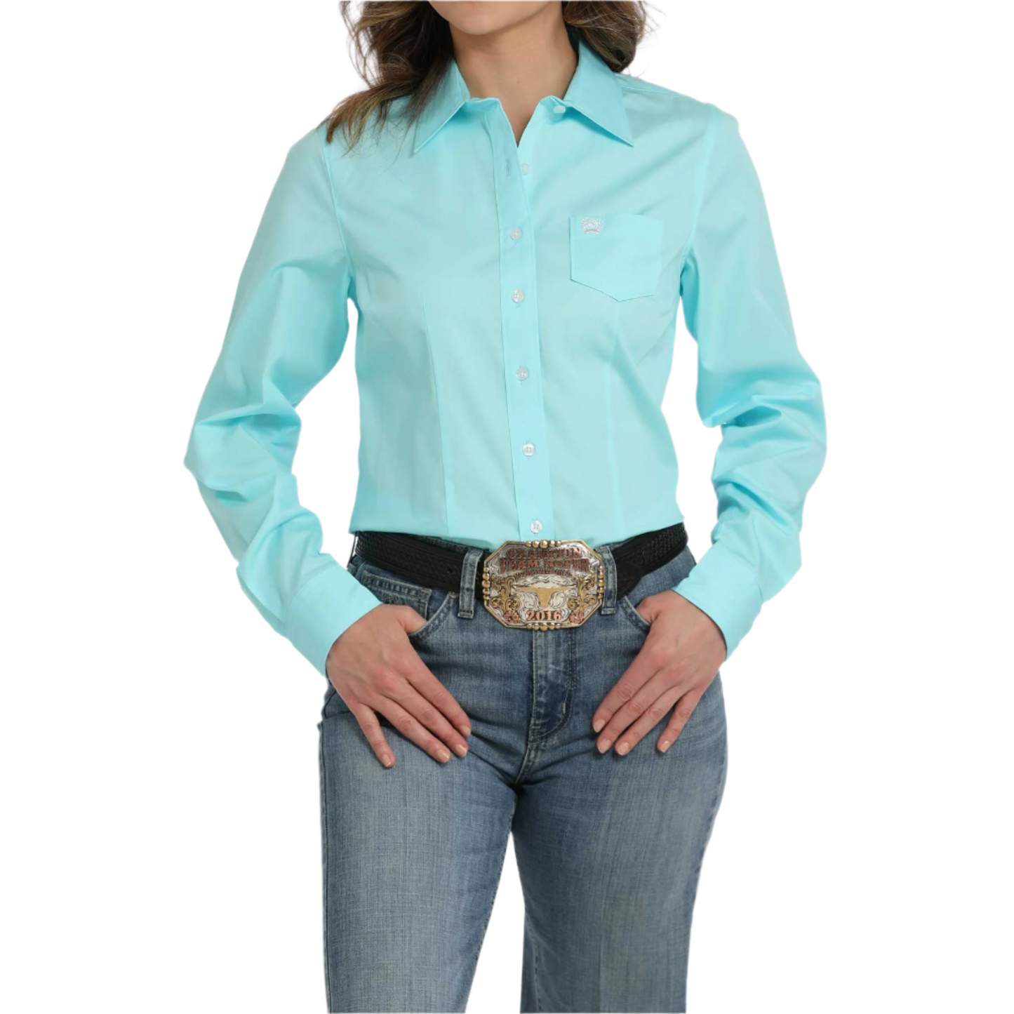 Cinch Ladies Solid Turquoise Blue Button Down Shirt MSW9164244