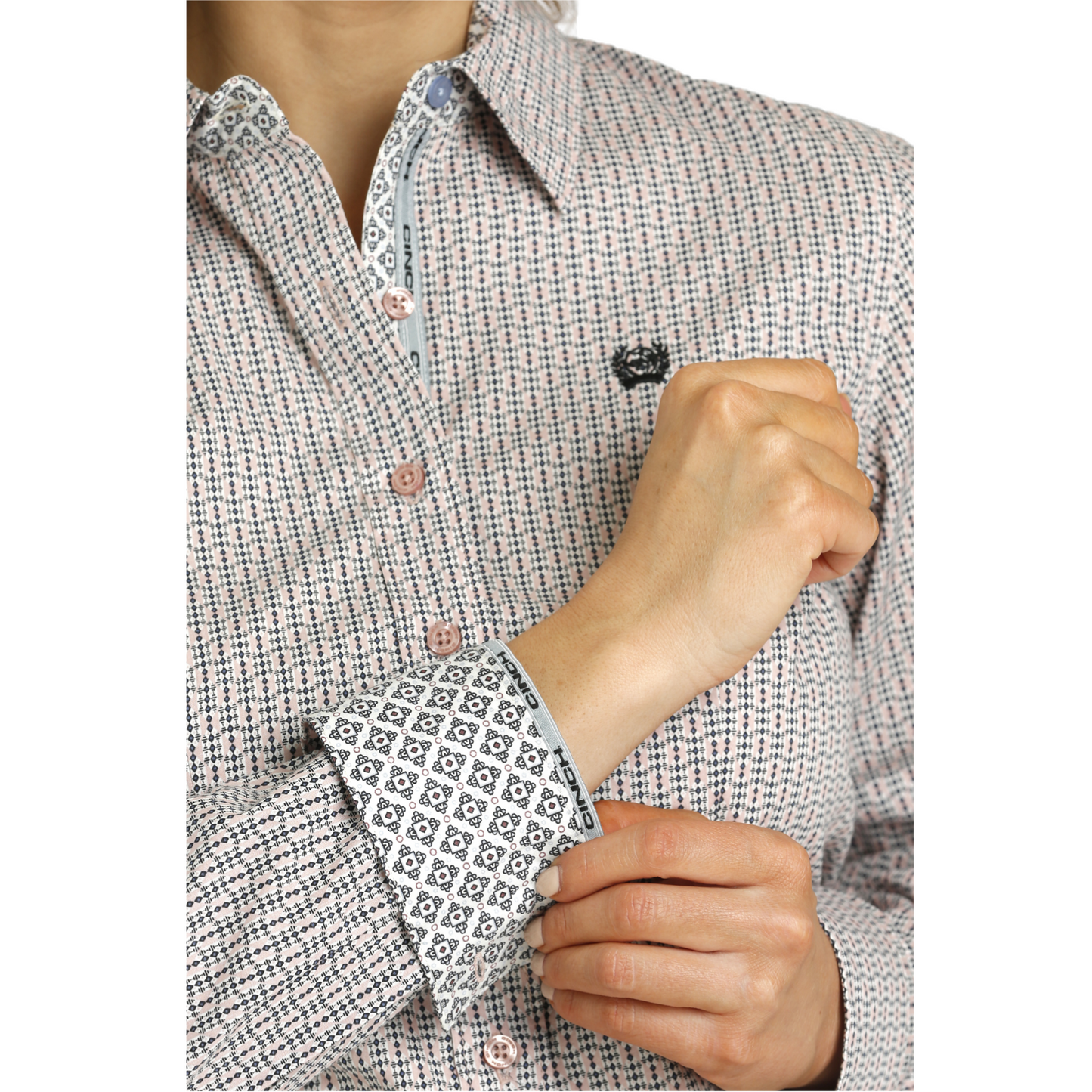 Cinch Ladies Pink Geometric Print Button Down Shirt MSW9165050