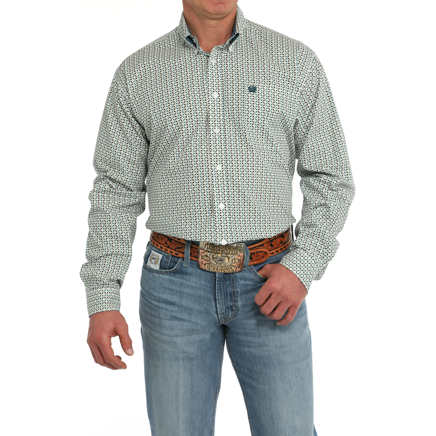 Cinch Men's White Geometric Print Button Down Shirt MTW1105863