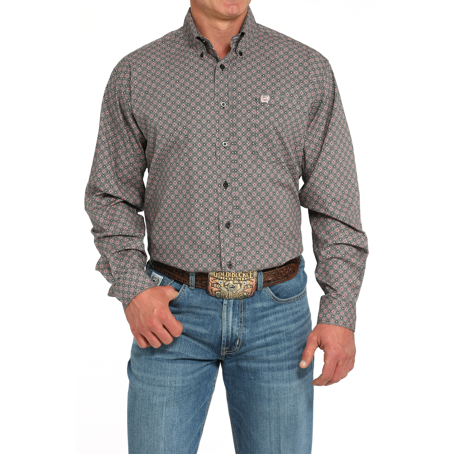 Cinch Men's Medallion Print Grey Button Down Shirt MTW1105925