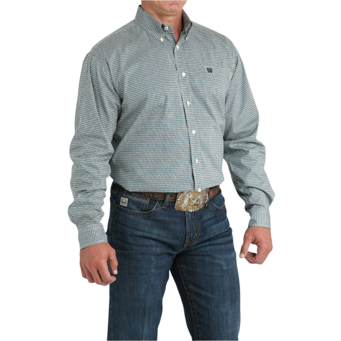 Cinch Men's Teal Geometric Printed Button Down Shirt MTW1105968