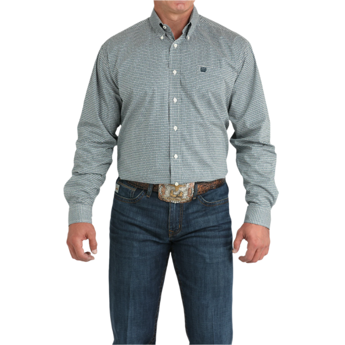 Cinch Men's Teal Geometric Printed Button Down Shirt MTW1105968