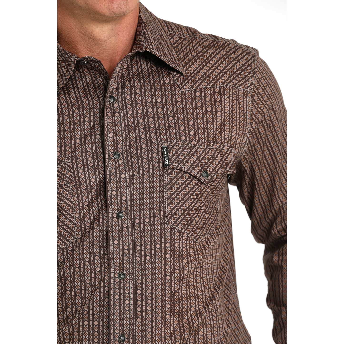 Cinch Men's Brown Link Stripe Print Button Down Shirt MTW1303080