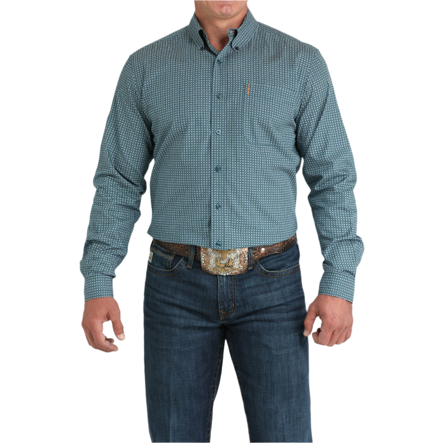 Cinch Men's Teal Blue Geo Print Button Down Shirt MTW1347136