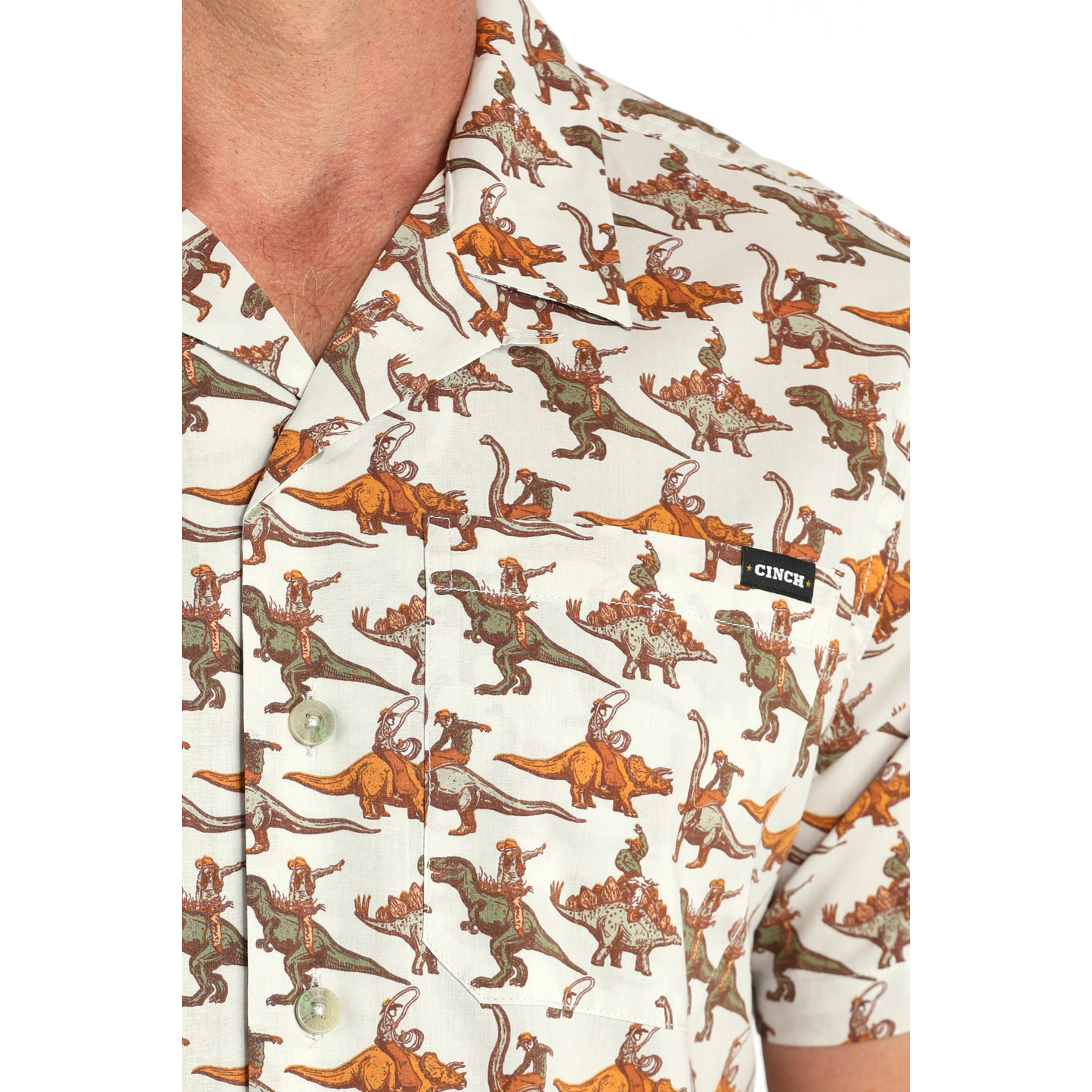 Cinch Men's Cream Dinosaur Print Button Camp Shirt MTW1401054