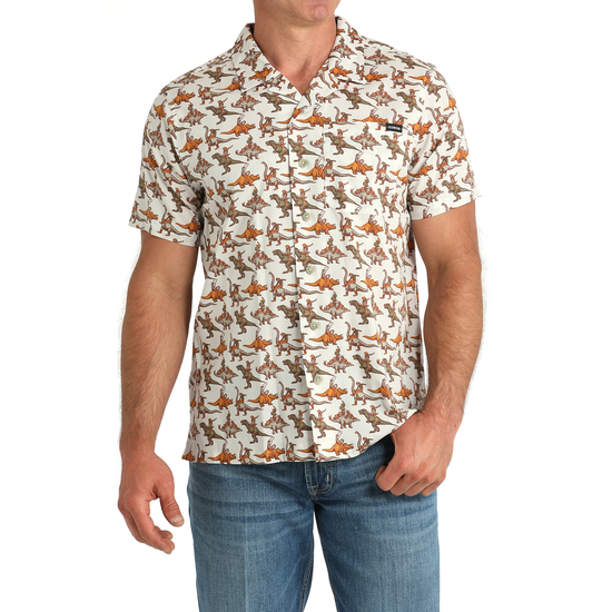 Cinch Men's Cream Dinosaur Print Button Camp Shirt MTW1401054