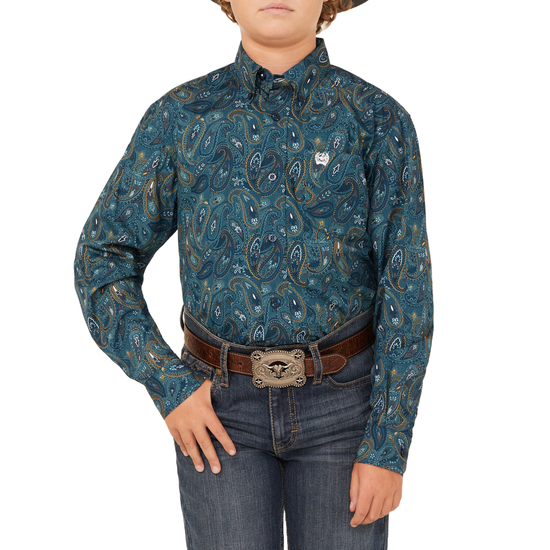 Cinch Boy's Blue Paisley Print Button Down Western Shirt MTW7060370