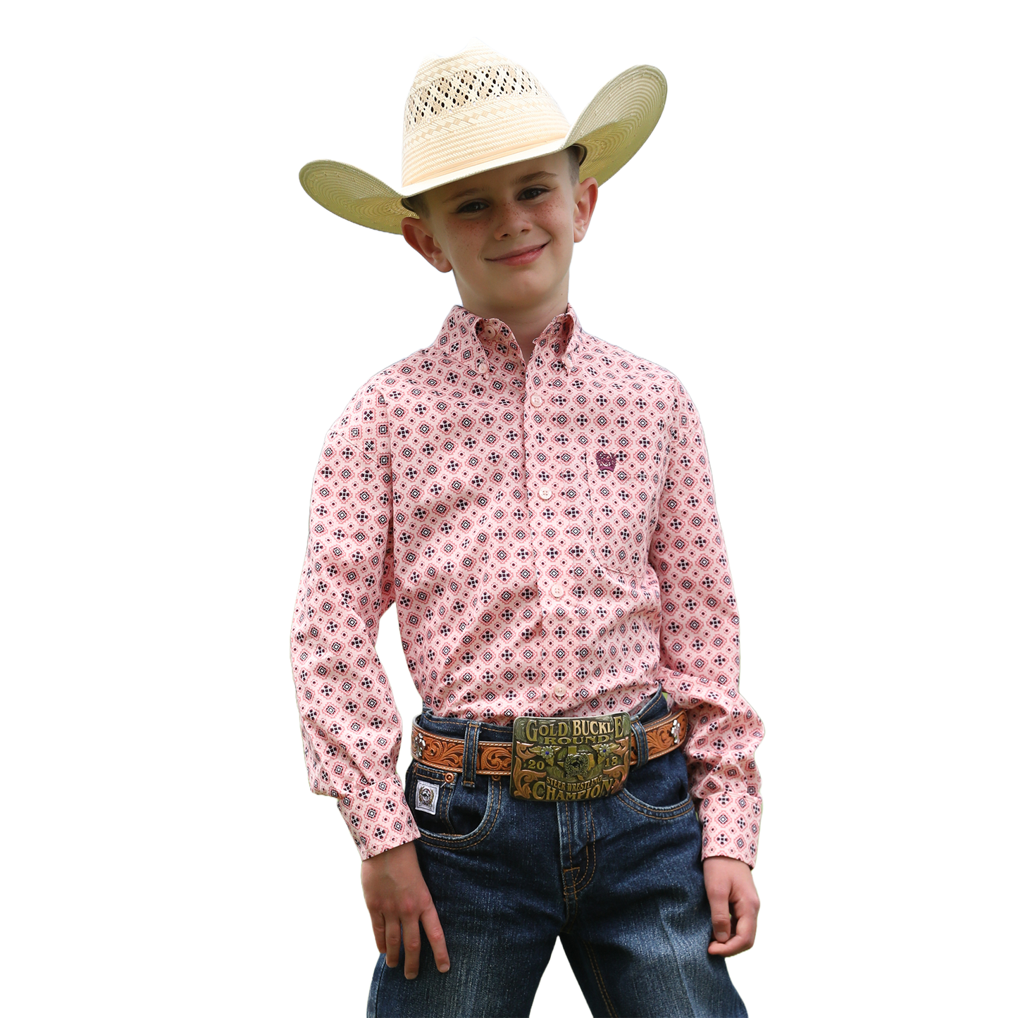 Cinch Youth Boy's Pink Geometric Print Button Down Shirt MTW7060380