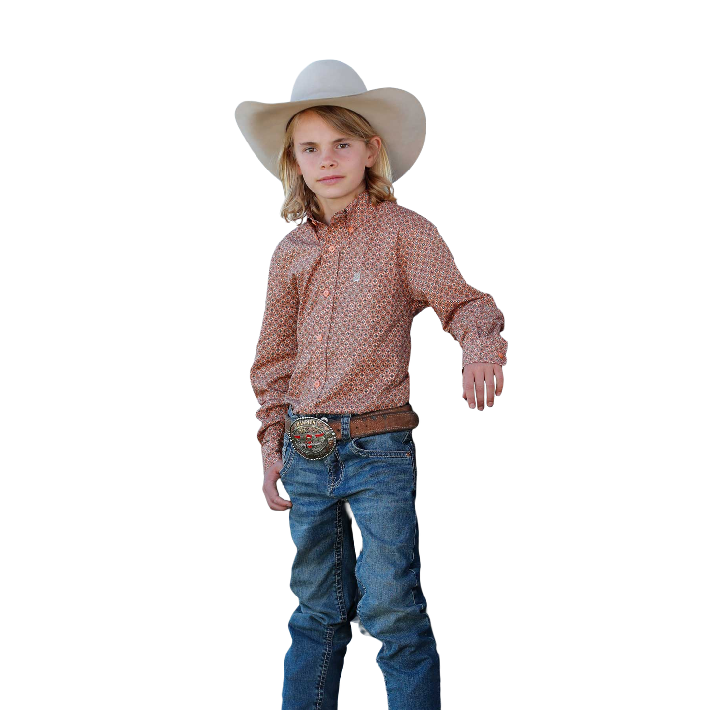 Cinch Youth Boy's Coral Geo Print Button Down Shirt MTW7060389