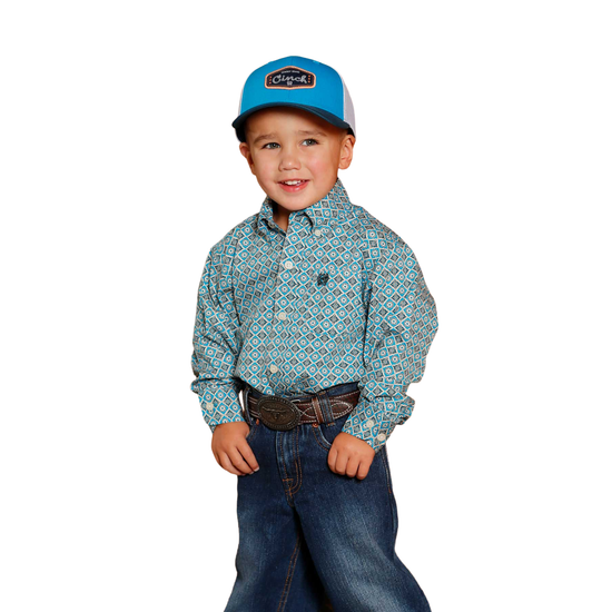 Cinch Toddler Boy's Blue Diamond Print Button Down Shirt MTW7061386