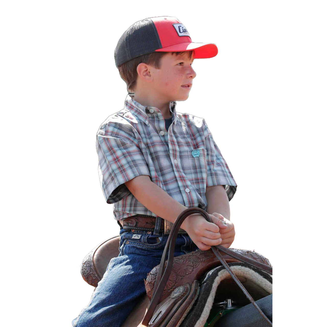 Cinch Youth Boy's Red & Gray Plaid Print Button Up Shirt MTW7140030