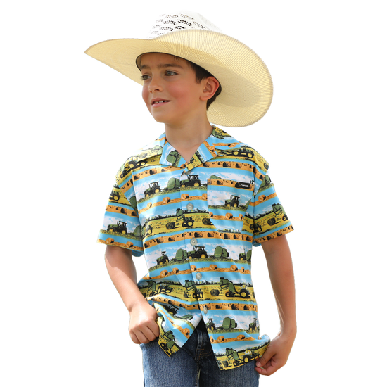 Cinch Youth Boy's Farmer Graphic Blue Button Down Shirt MTW7170002