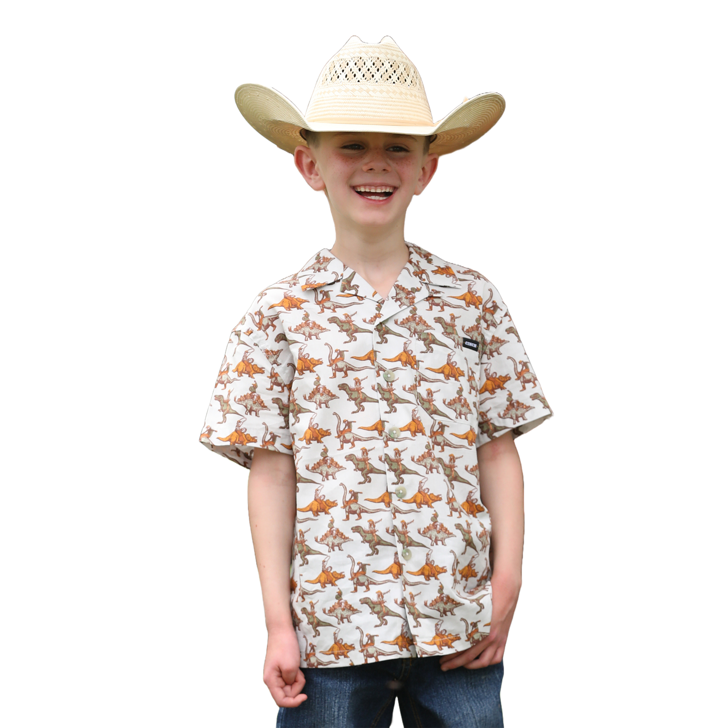 Cinch Youth Boy's Dinosaur Cowboy Print Camp Shirt MTW7170004