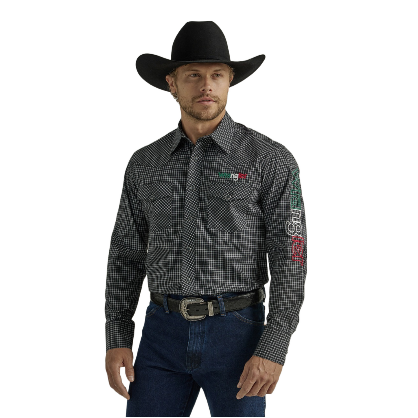 Wrangler Men's Black Checkered Mexico Flag Button Down Shirt 2330376