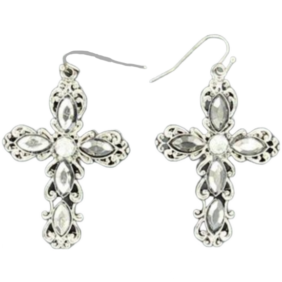 Blazin Roxx® Ladies Ornate Crystal Cross Silver Earrings 29685