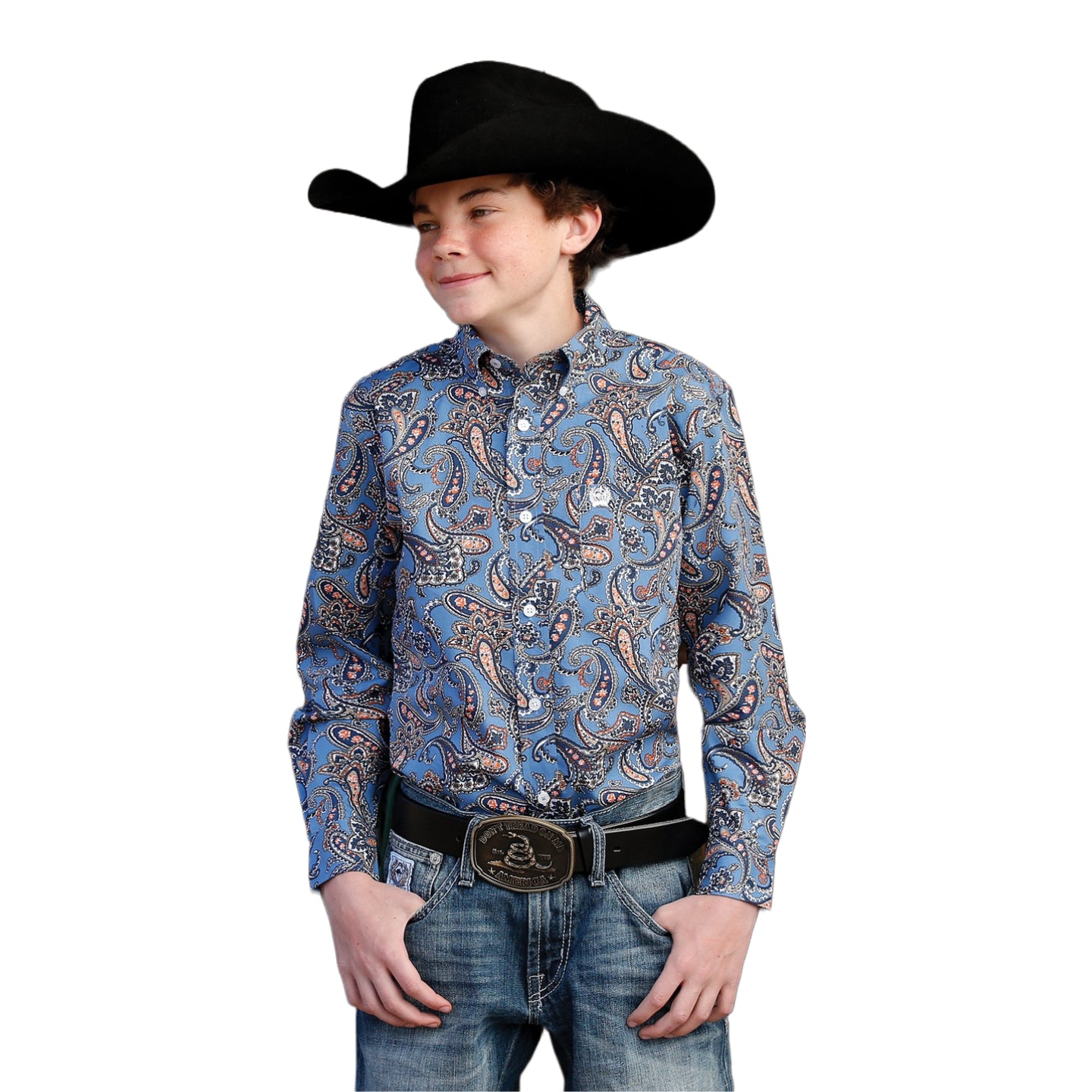 Cinch® Youth Boy's Blue & White Paisley Button Down Shirt MTW7060273
