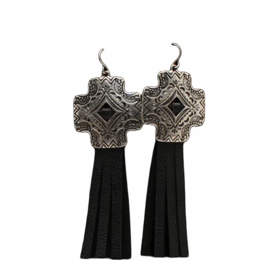 M&F® Ladies Silver Cross Concho Leather Tassel Earrings 30441