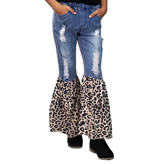 Southern Grace Girls Western and Wildin' Denim Leopard Flare Jeans K6709E