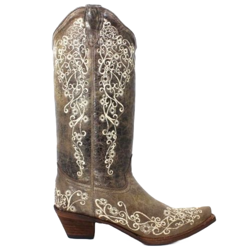 Corral Ladies Lisa Snip Distressed Brown Bone Embroidery Boots A1094