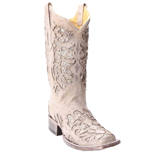 Corral Ladies Eliza White Glitter Inlay & Crystals Wedding Boot A3397