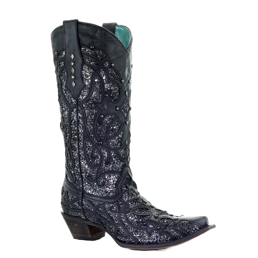 Corral Ladies Black Glitter Inlay and Studded Western Boots C3423