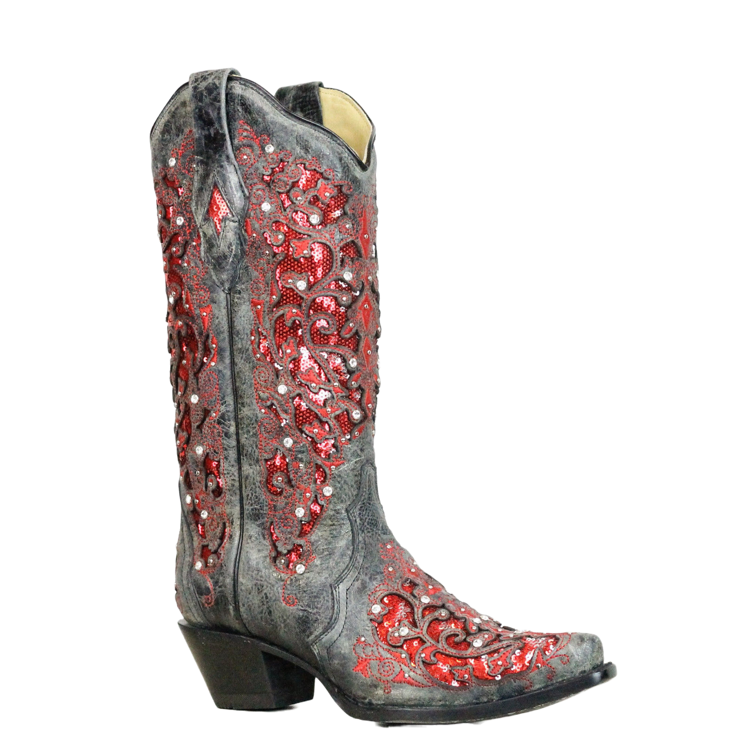 Corral Ladies Black-Red Glitter Inlay & Crystal Boots A3534