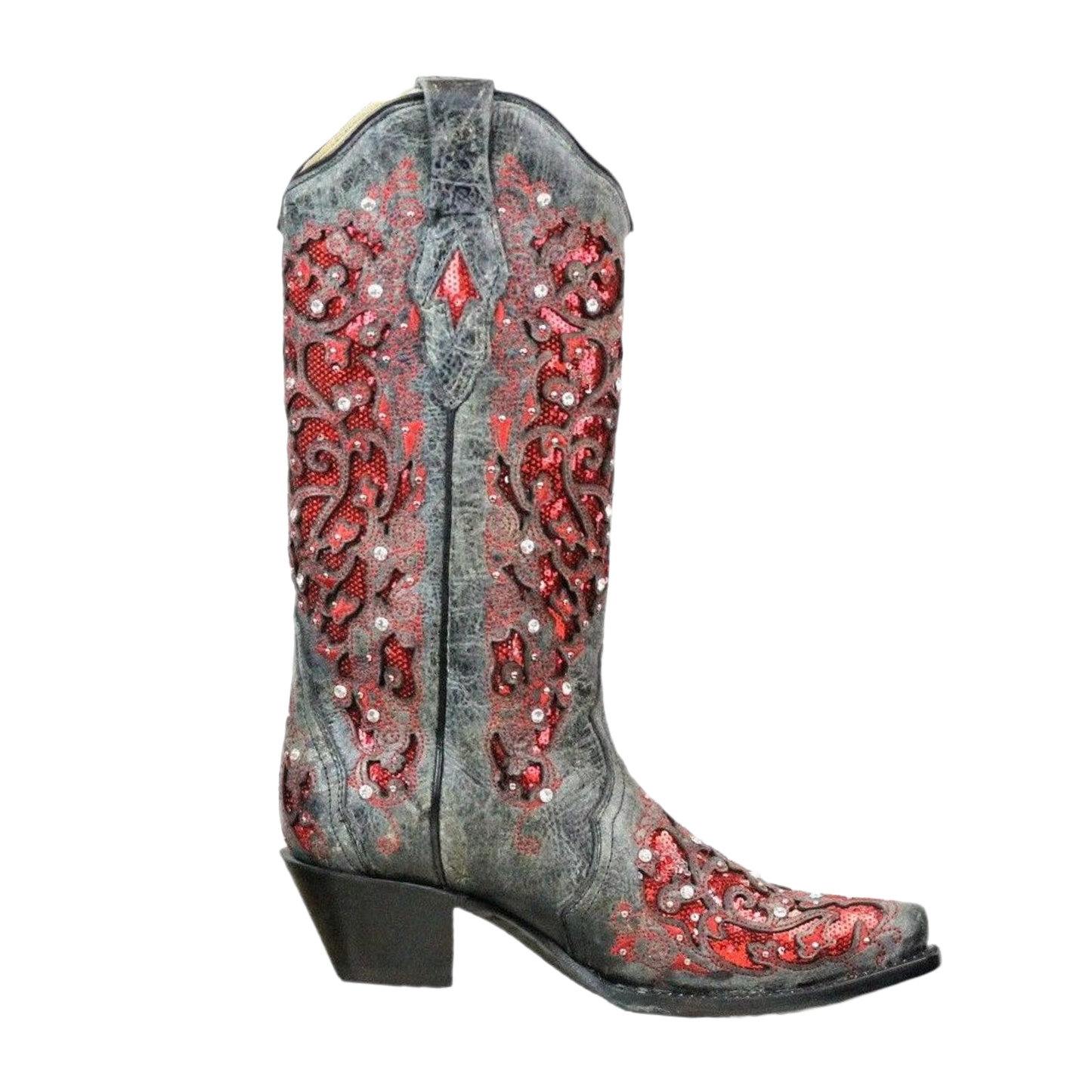Corral Ladies Black-Red Glitter Inlay & Crystal Boots A3534