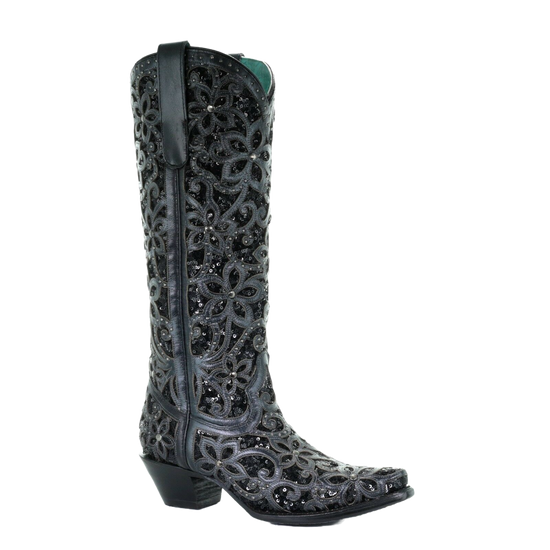 Corral Ladies Black Full Inlay & Studs Tall Top Boots A3589